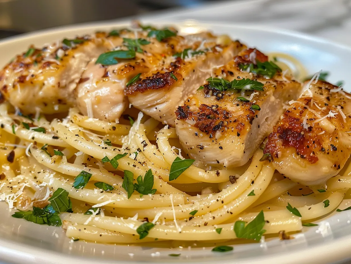 Delicious parmesan chicken pasta served on a plate on a rustic table.