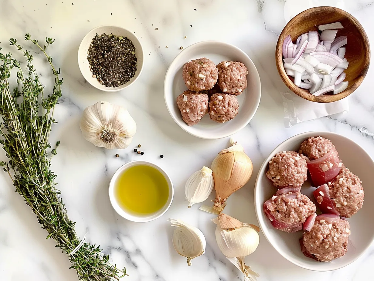 Ingredients for making French Onion Meatballs, including ground beef, onions, garlic, breadcrumbs, and Gruyère cheese.