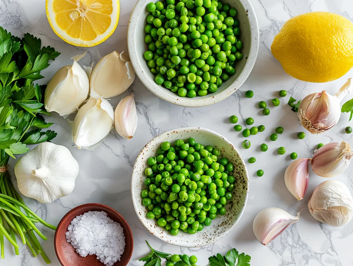 Fresh ingredients for Greek Green Peas Stew, including peas, tomatoes, herbs, and potatoes.
