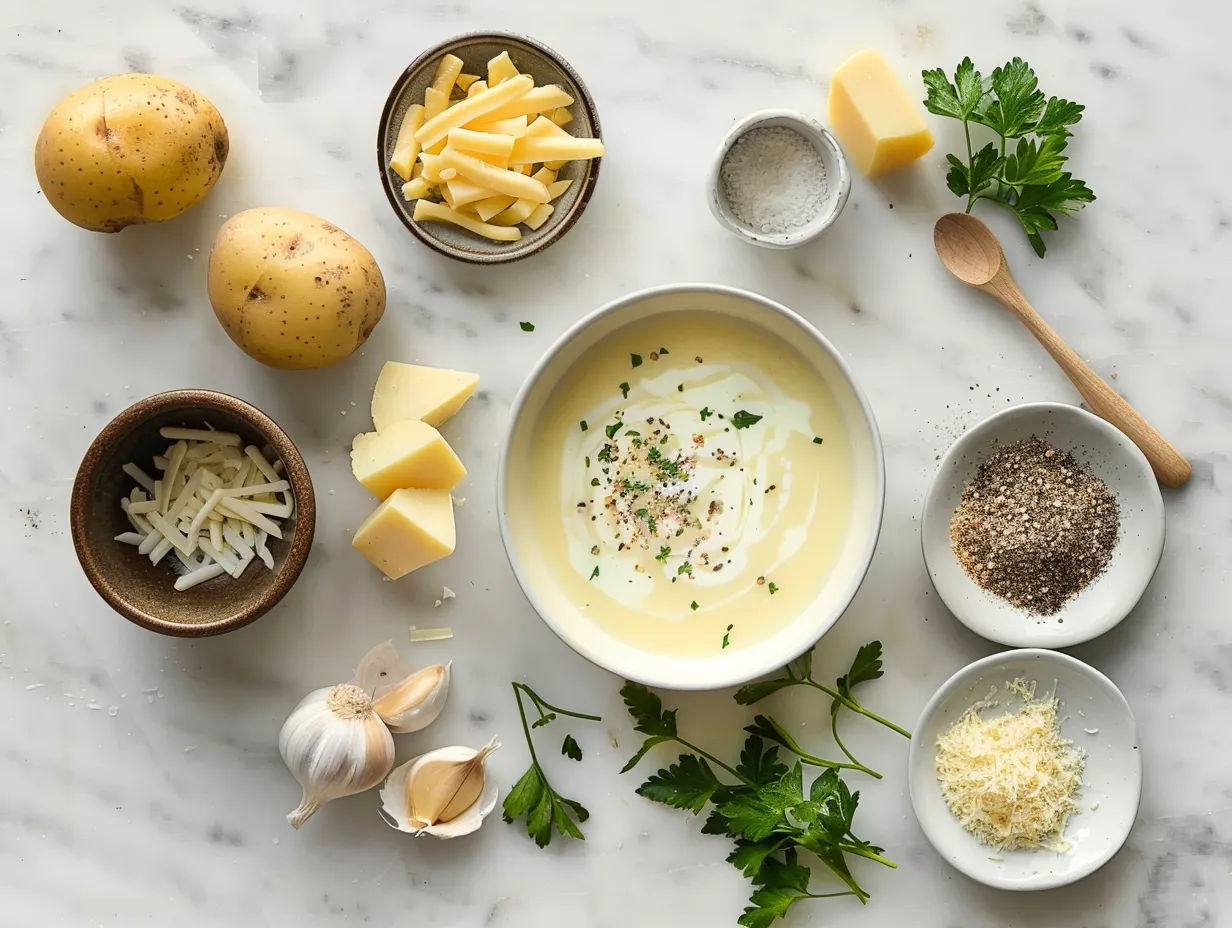 Fresh ingredients for making cheesy potato soup, including potatoes, onions, garlic, and cheese