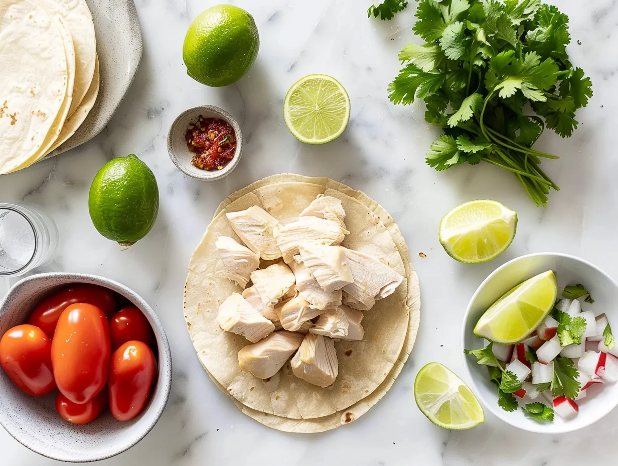 Fresh ingredients for making delicious Crockpot Chicken Tacos, including chicken breasts, taco seasoning, diced tomatoes, and spices.
