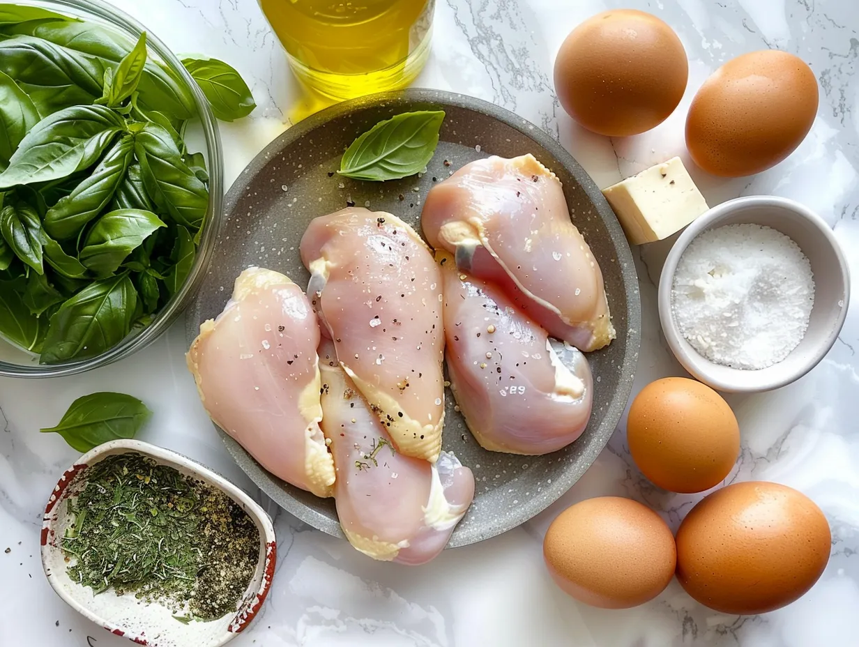 Fresh ingredients including chicken breasts, basil, mozzarella, and spices, ready to be used in the Mozzarella Chicken recipe.