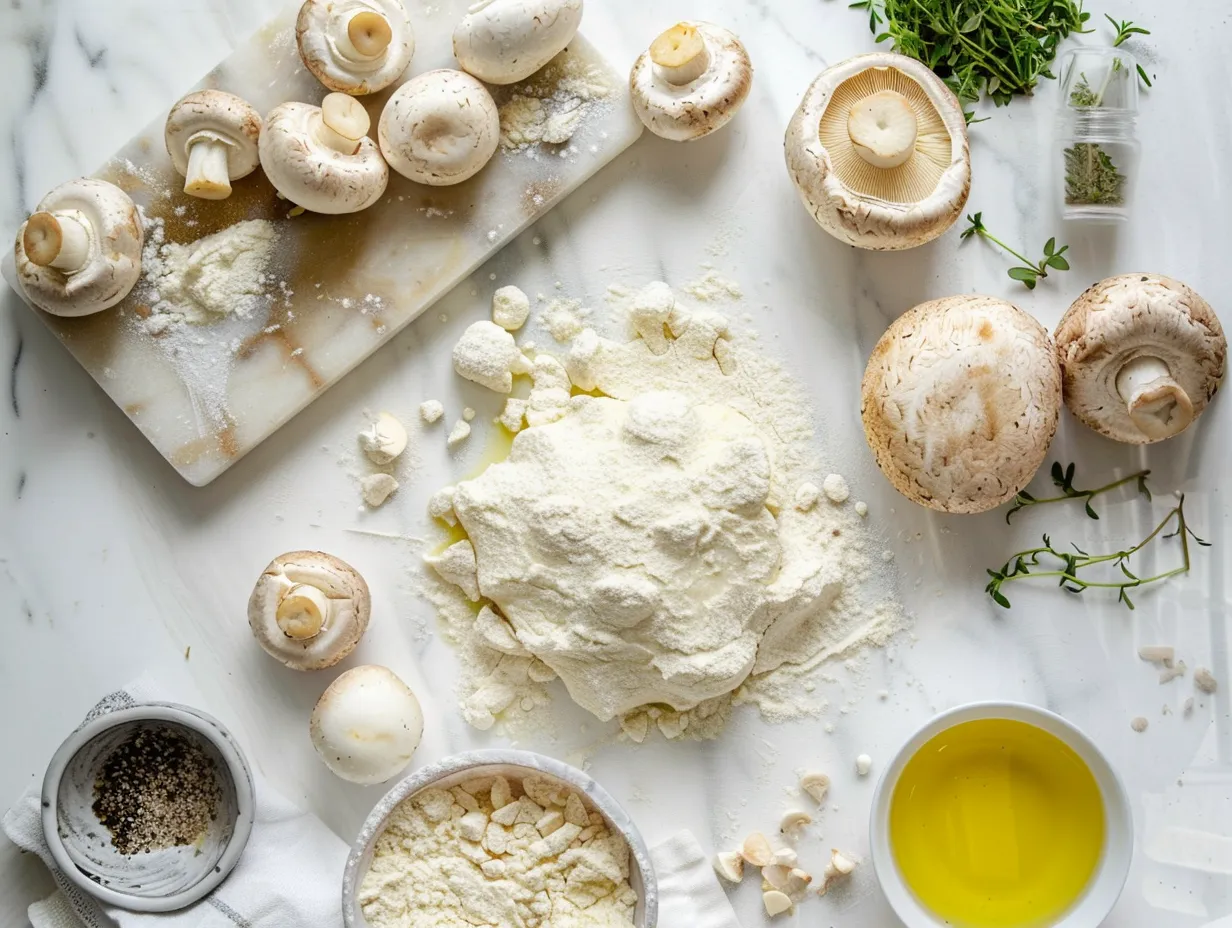 Fresh ingredients including mushrooms, garlic, thyme, and cheese for making a delicious mushroom galette
