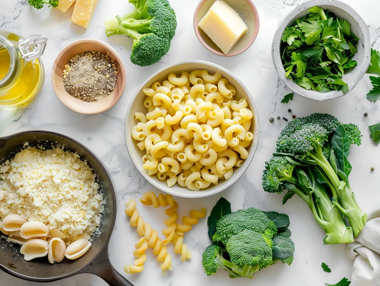 Ingredients for making one-pot broccoli mac and cheese including pasta, broccoli, cheese, and spices.