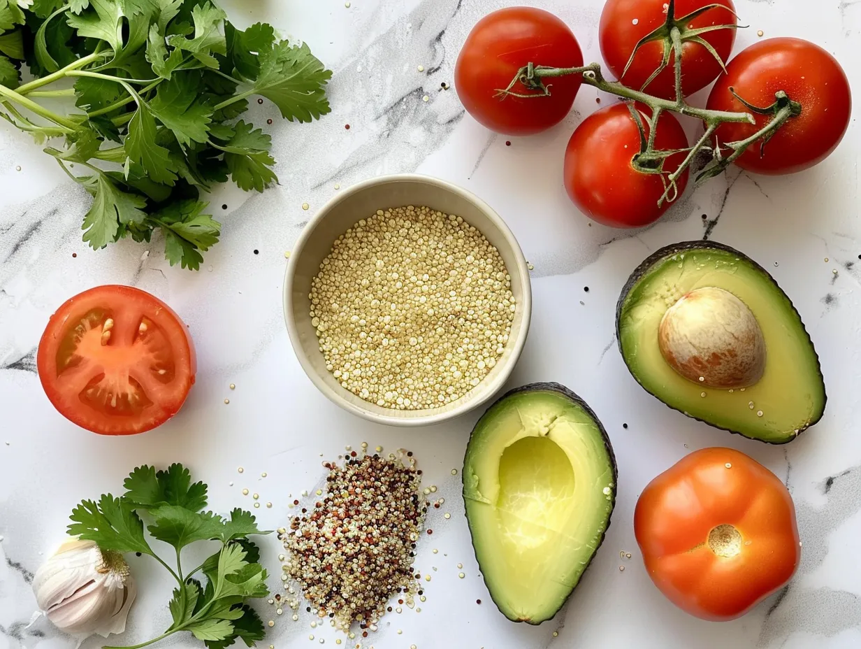 Fresh ingredients for making quinoa salad