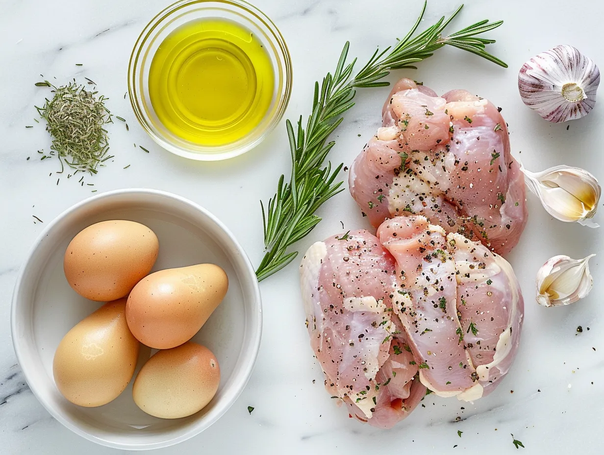 Fresh ingredients for Rosemary Dijon Chicken: chicken breasts, Dijon mustard, rosemary, and other seasonings.