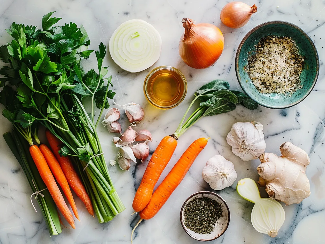 Fresh ingredients for making homemade vegetable soup, including carrots, celery, onions, and garlic.
