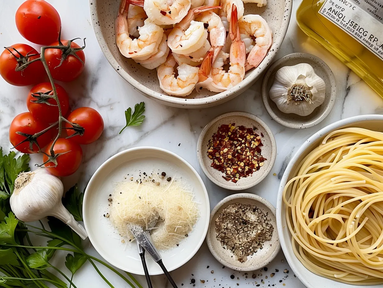 Ingredients for making Garlic Butter Shrimp Pasta