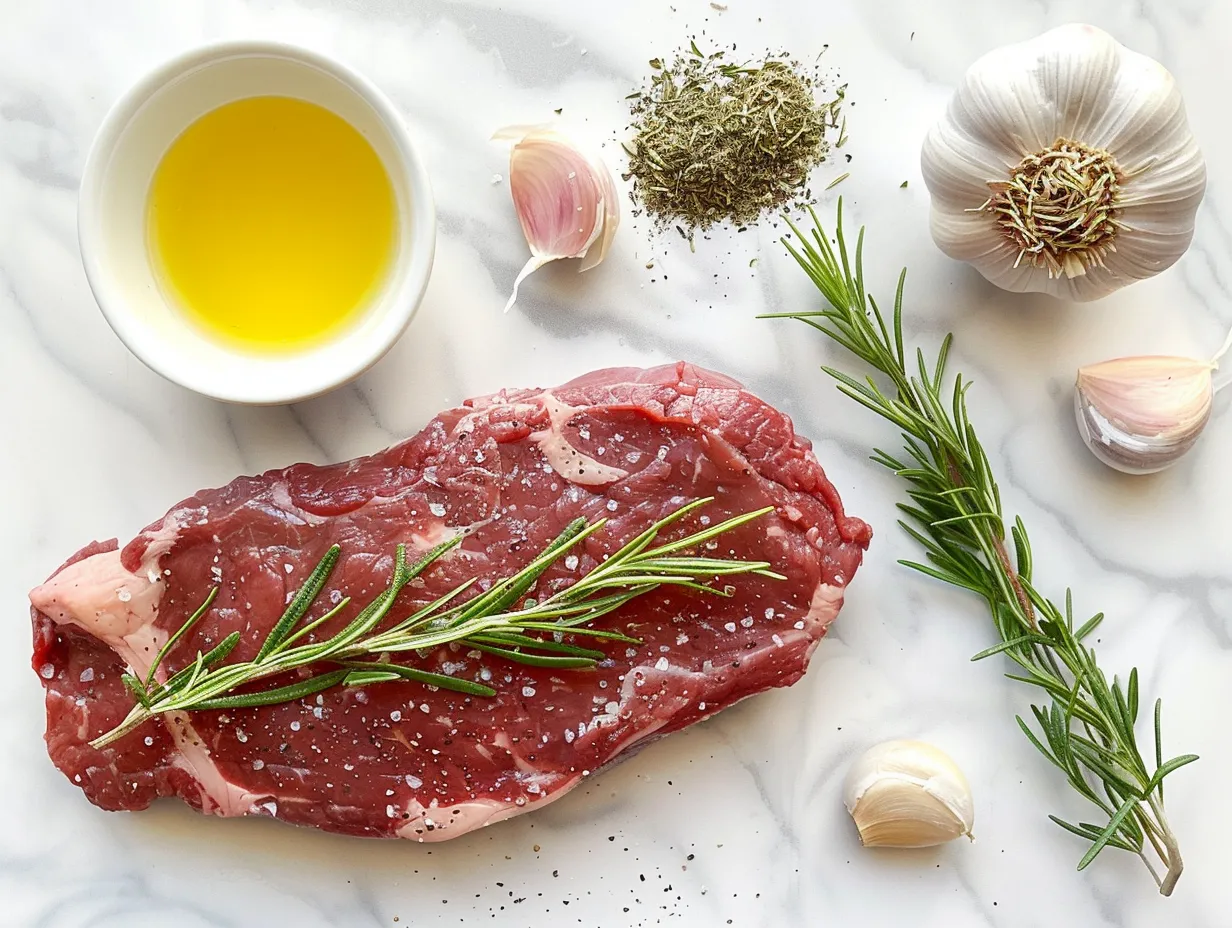 Garlic Butter Steak Ingredients: ribeye steaks, butter, garlic, parsley, thyme, rosemary, red pepper flakes, salt, pepper, olive oil, Worcestershire sauce, lemon juice