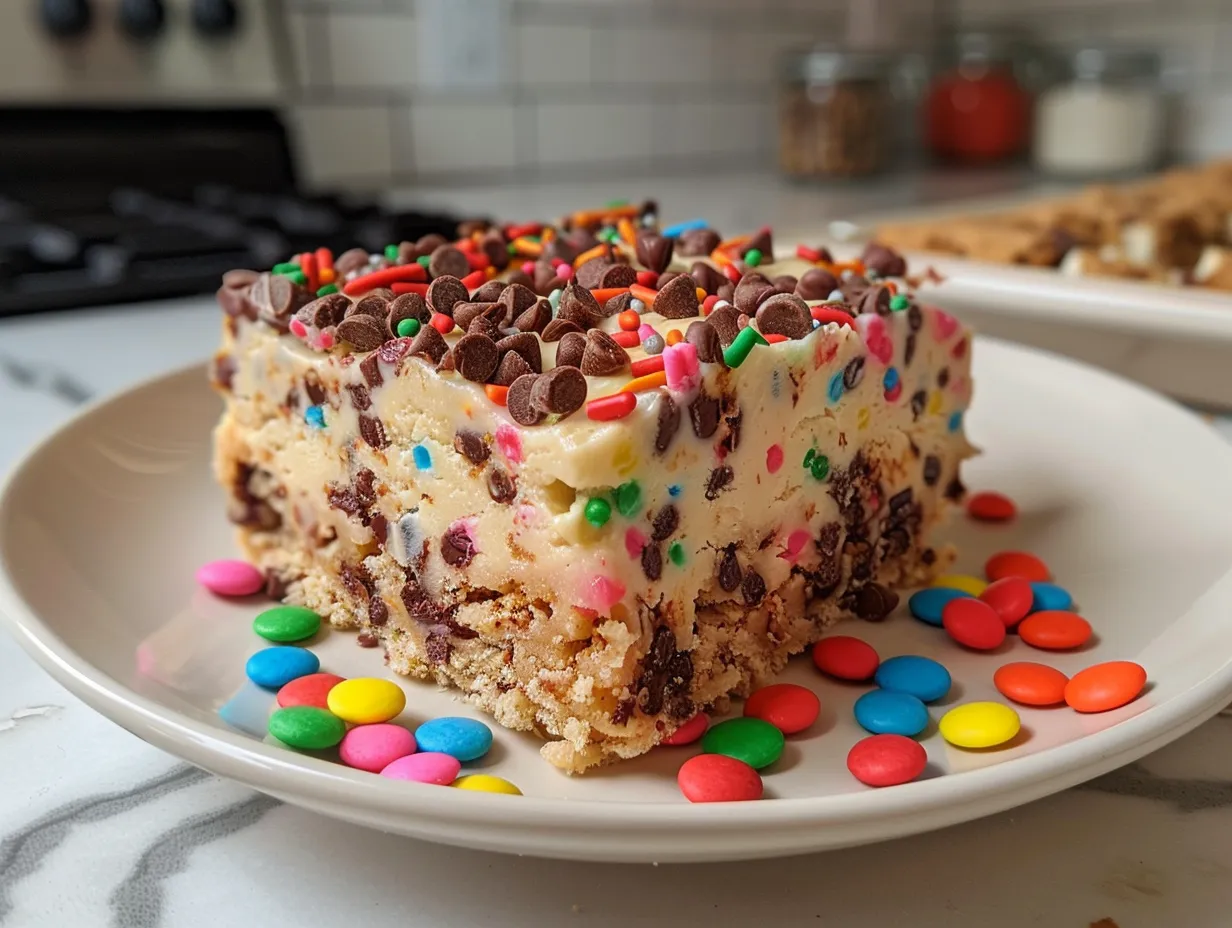 A homemade cookie dough bar with a variety of colorful toppings arranged around it