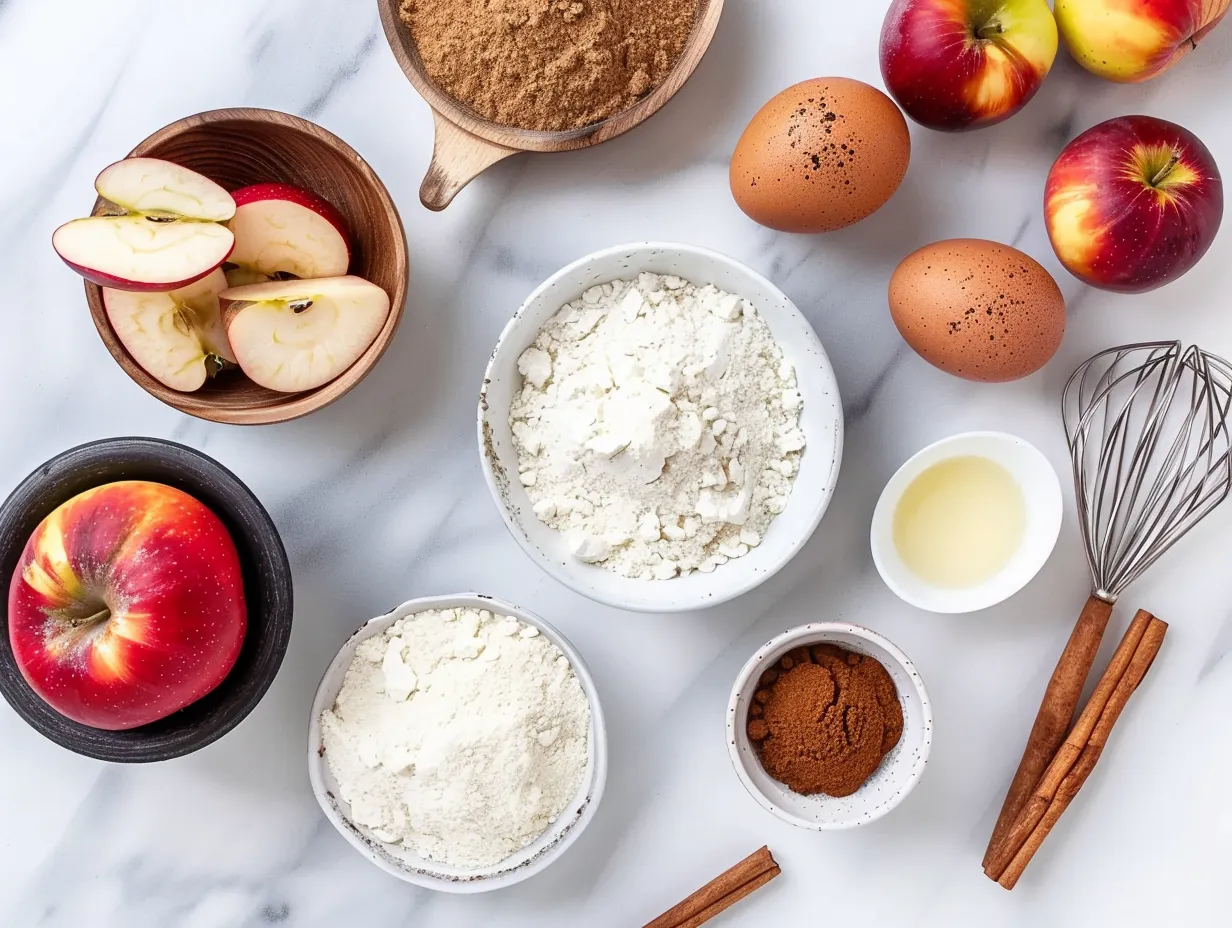 Ingredients for making apple rose muffins displayed on a marble surface.