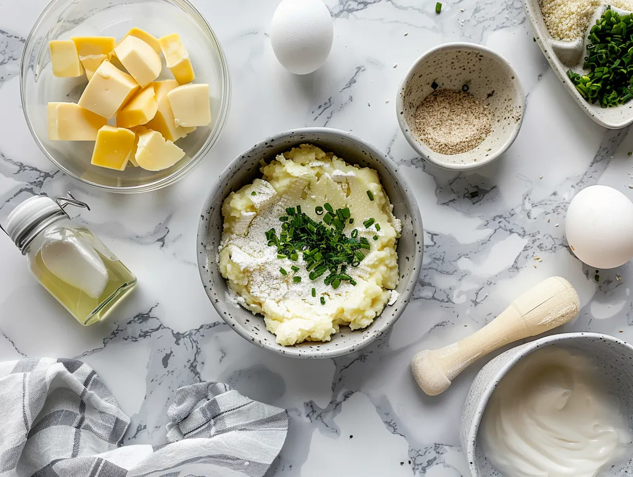 Ingredients for making cheesy mashed potato roll ups including mashed potatoes, cheese, bacon, and green onions
