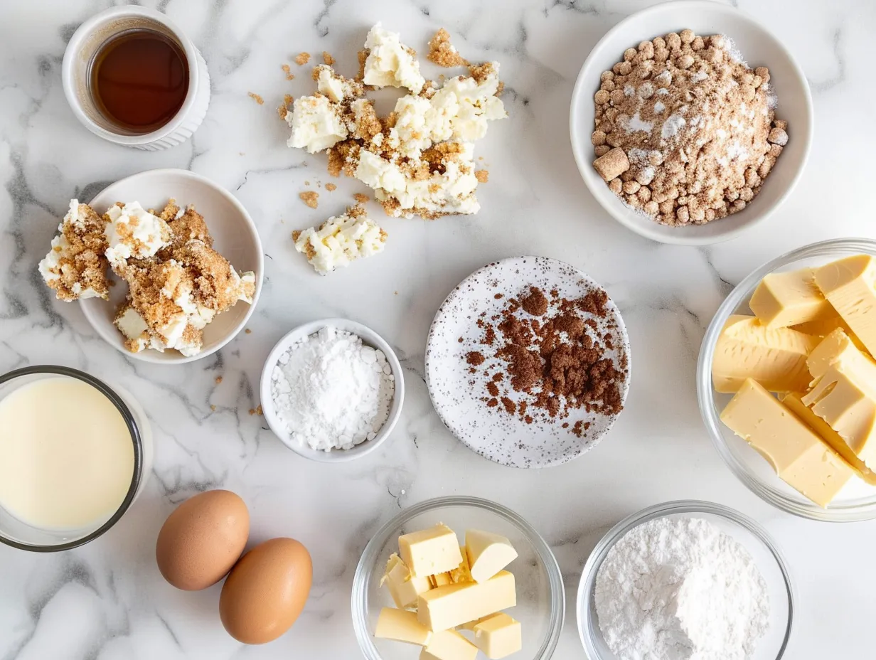 Ingredients needed to make cinnamon cream cheese crumb bars.