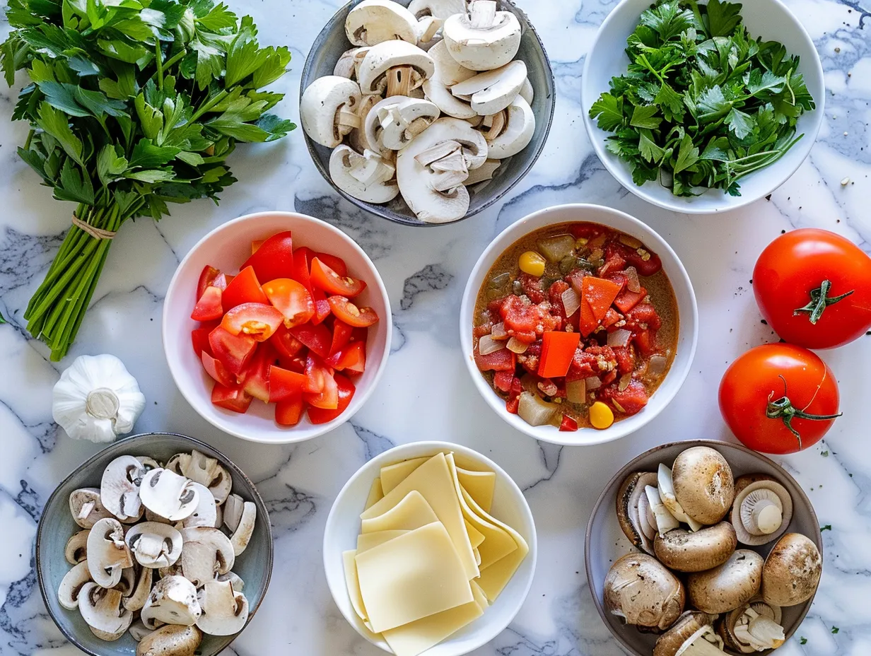 Ingredients for making Crockpot Lasagna Soup including ground beef, vegetables, herbs, and cheeses.