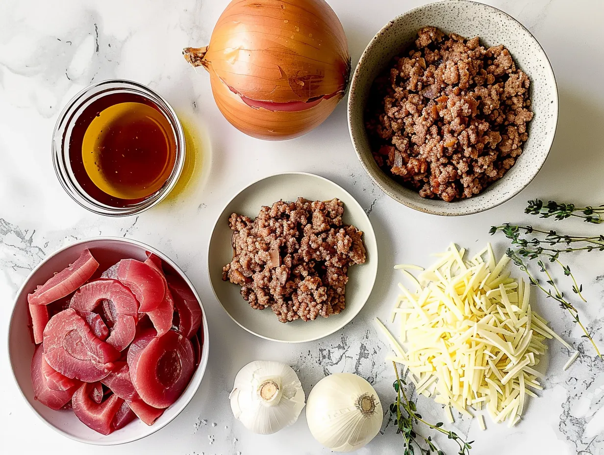 List of ingredients for making French Onion Beef Sloppy Joes