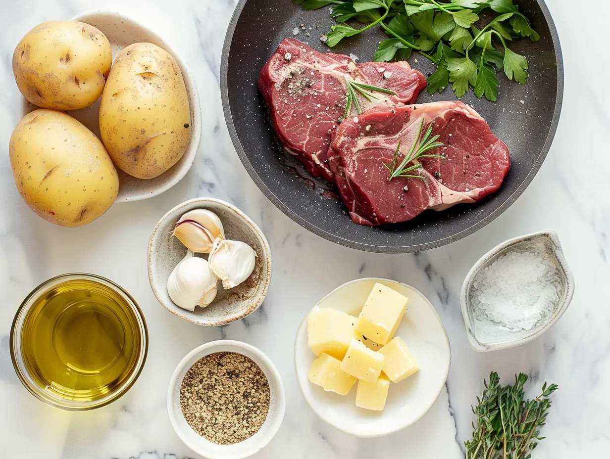 Ingredients for making garlic butter steak and potato skillet