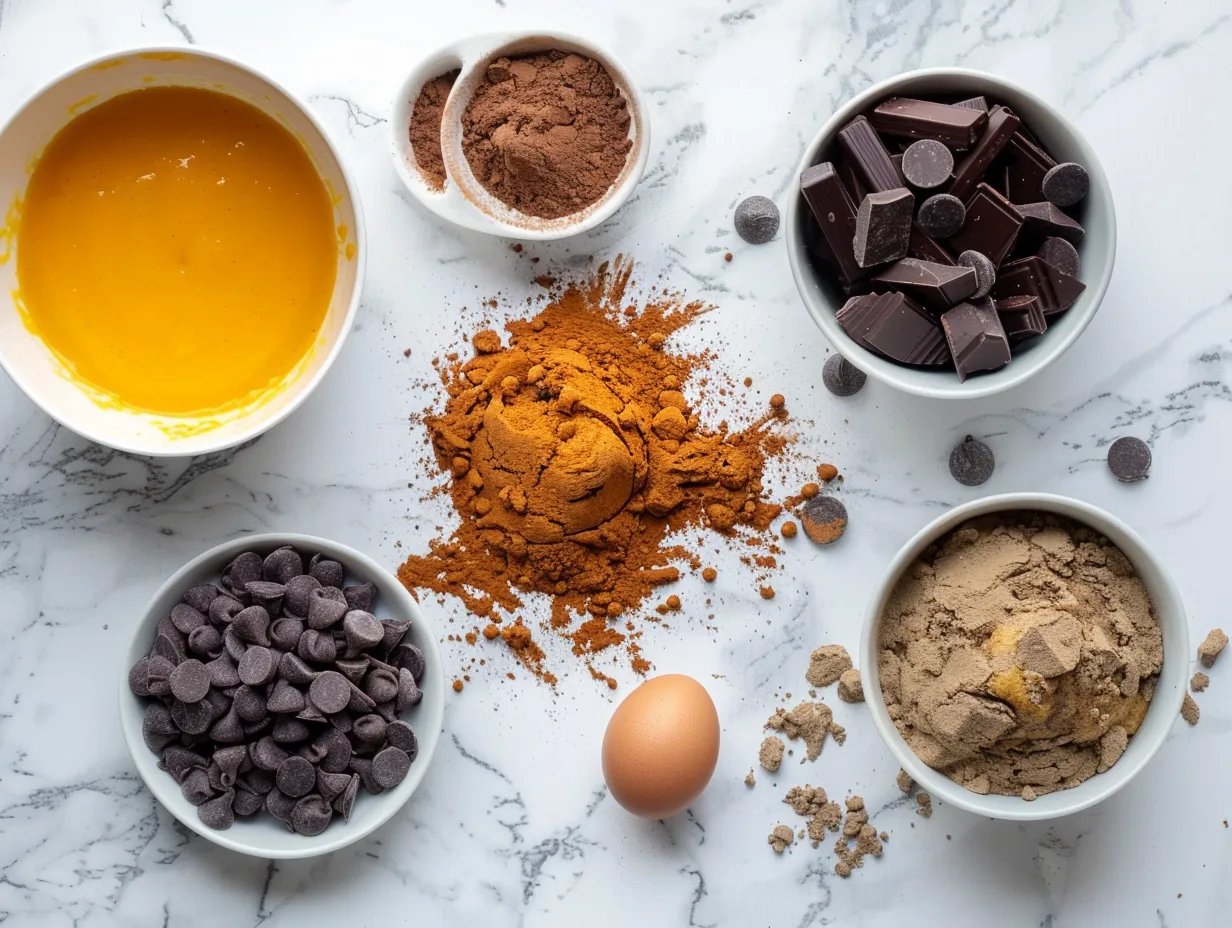 Ingredients for making gluten-free pumpkin chocolate chip muffins including flour, spices, pumpkin puree, sugars, eggs, and chocolate chips.