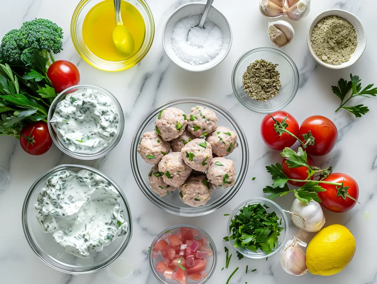 Ingredients needed to make Greek Turkey Meatballs with Tzatziki Sauce including ground turkey, feta, yogurt, and fresh herbs.