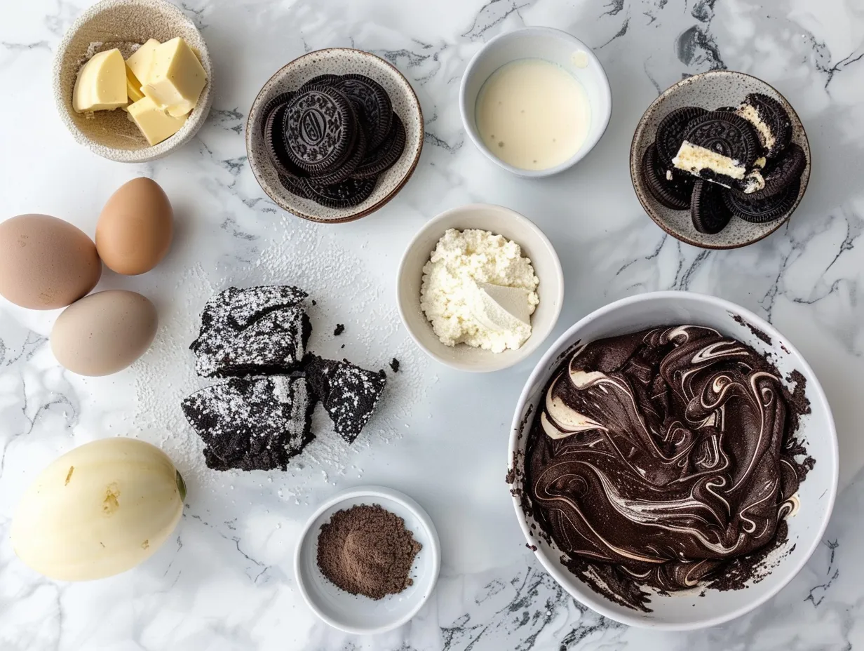 Ingredients for making Halloween Swirl Oreo Cream Cheese Brownies displayed on a wooden table