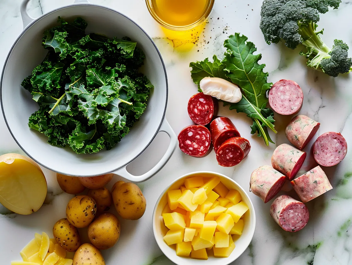 All the raw ingredients needed to make Instant Pot Zuppa Toscana Soup are arranged on a wooden surface, including sausage, kale, potatoes, and spices.