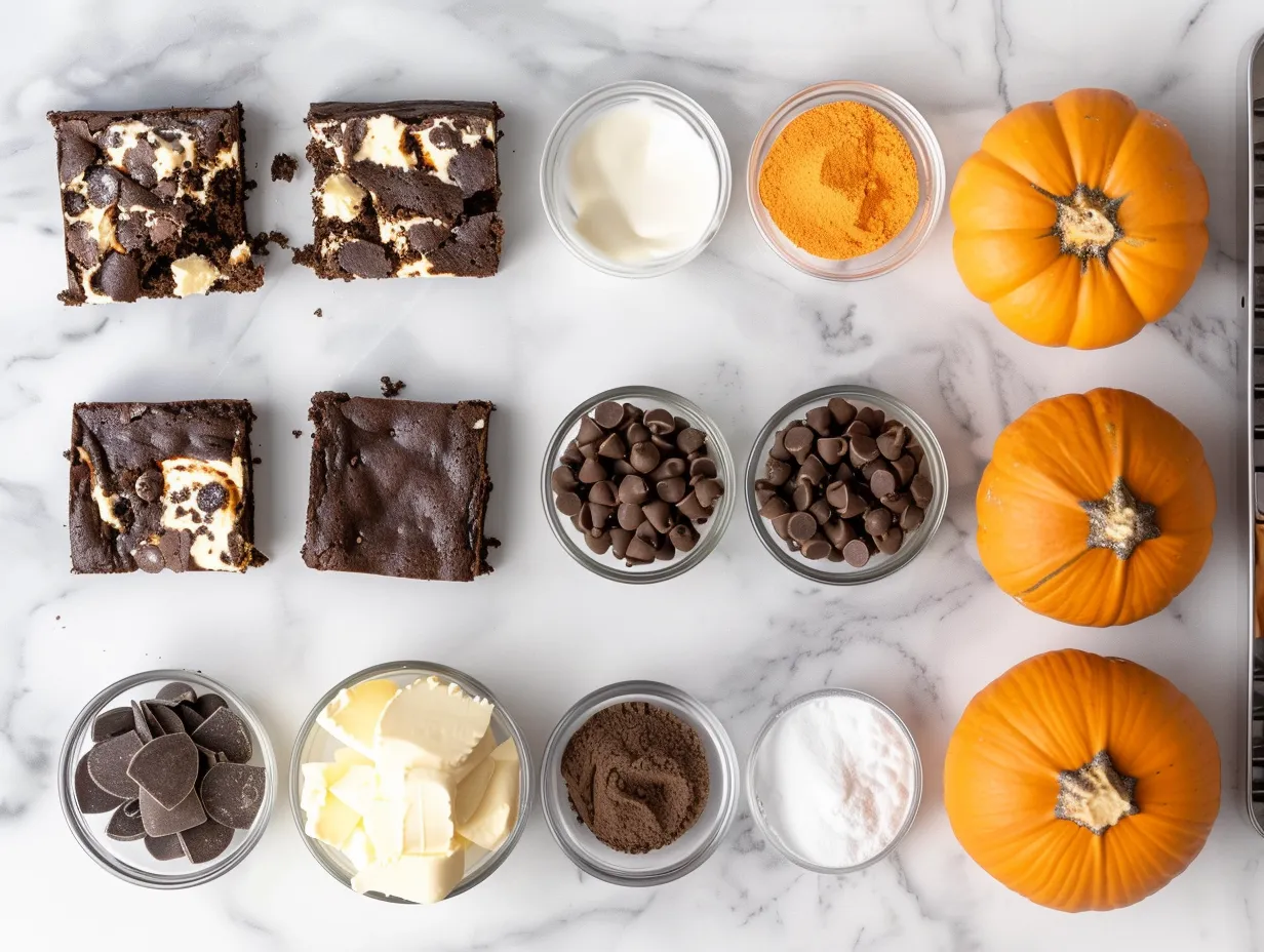 Ingredients for Loaded Cream Cheese Halloween Brownies, including brownie mix, cream cheese, sugar, egg, vanilla extract, flour, sprinkles, and candies.