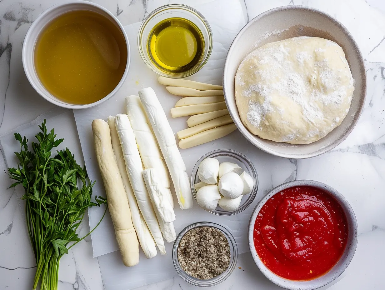 Ingredients needed to make homemade Pizza Hut cheese sticks including mozzarella cheese sticks, flour, herbs, eggs, breadcrumbs, and marinara sauce.