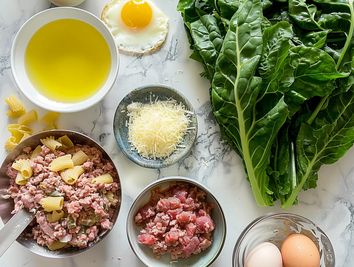 Ingredients for making Italian Wedding Soup including ground pork, vegetables, pasta, and spices