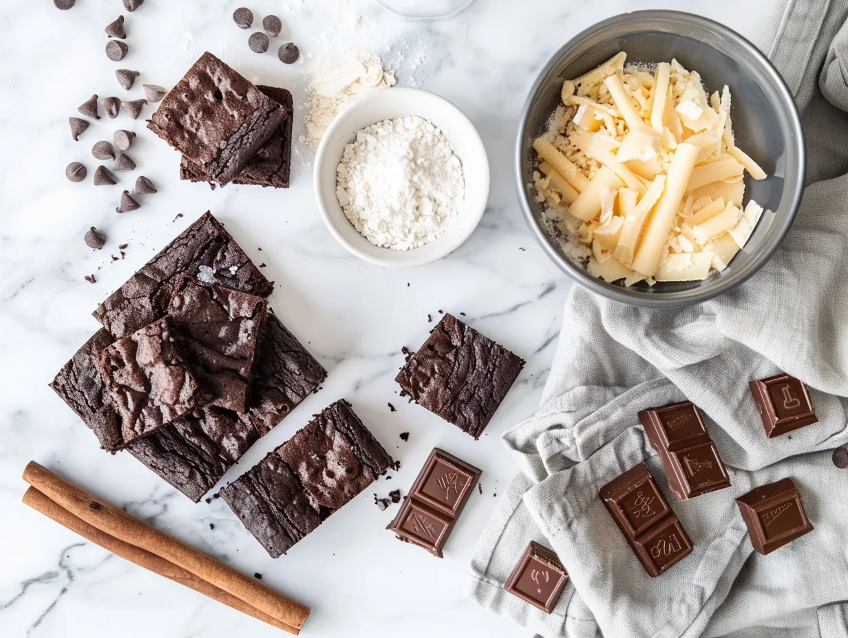 Ingredients for making keto brownies including almond flour, cocoa powder, and chocolate chips