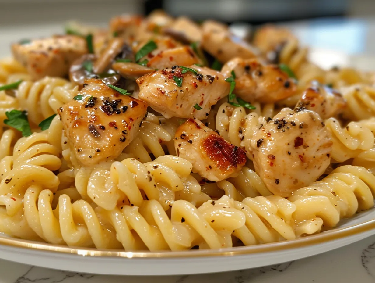 A delicious plate of Marry Me Chicken Pasta garnished with basil.