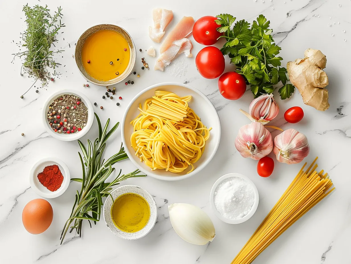 Ingredients for making Marry Me Chicken Pasta displayed on a table.