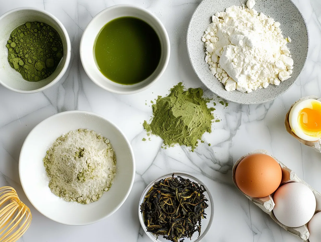 Matcha Jasmine Cookies ingredients: butter, sugar, matcha powder, and jasmine tea leaves.