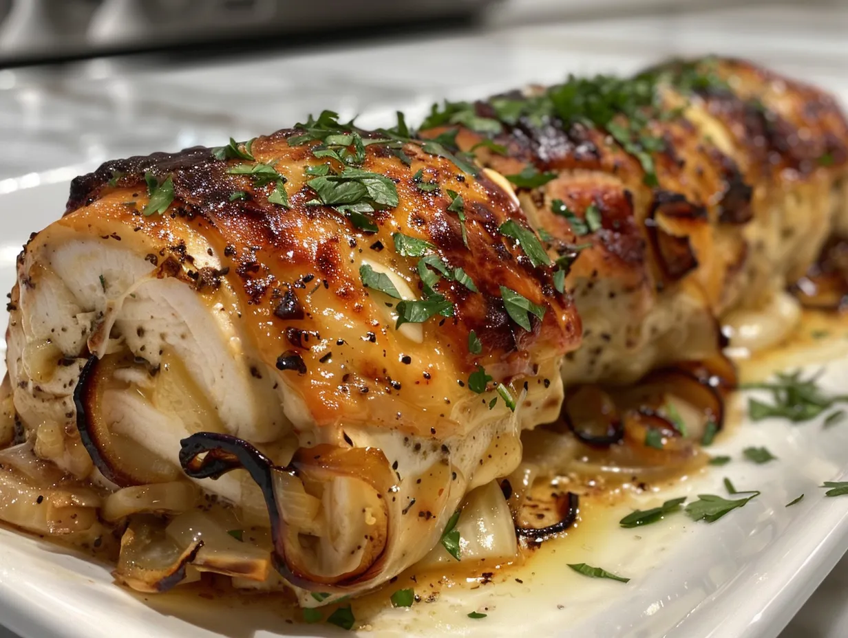 Mouthwatering Cheesy Stuffed Chicken Rolls with Caramelized Onions