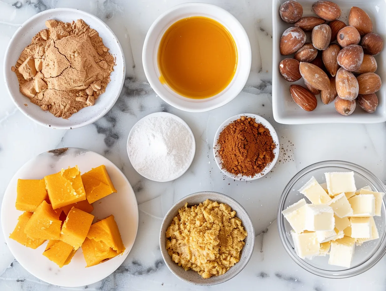 Pumpkin Bars Recipe ingredients: flour, sugar, pumpkin puree, spices, eggs, and cream cheese frosting ingredients on a marble surface