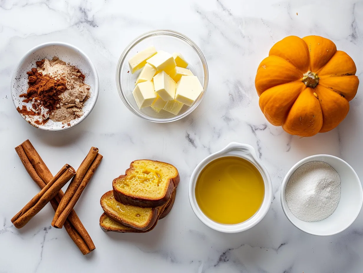 Ingredients for pumpkin french toast on a marble countertop