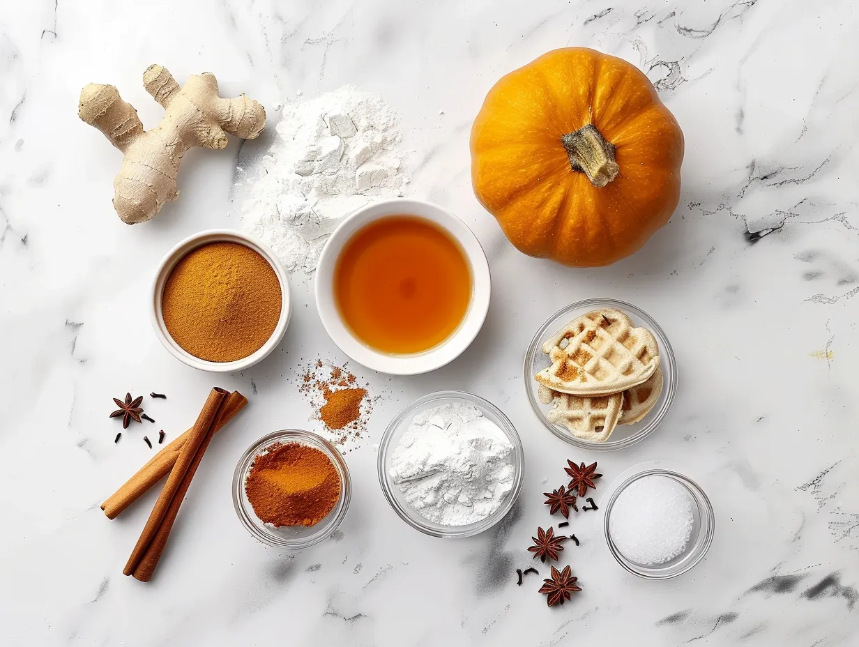 All the necessary ingredients for making pumpkin spice waffles displayed on a wooden surface