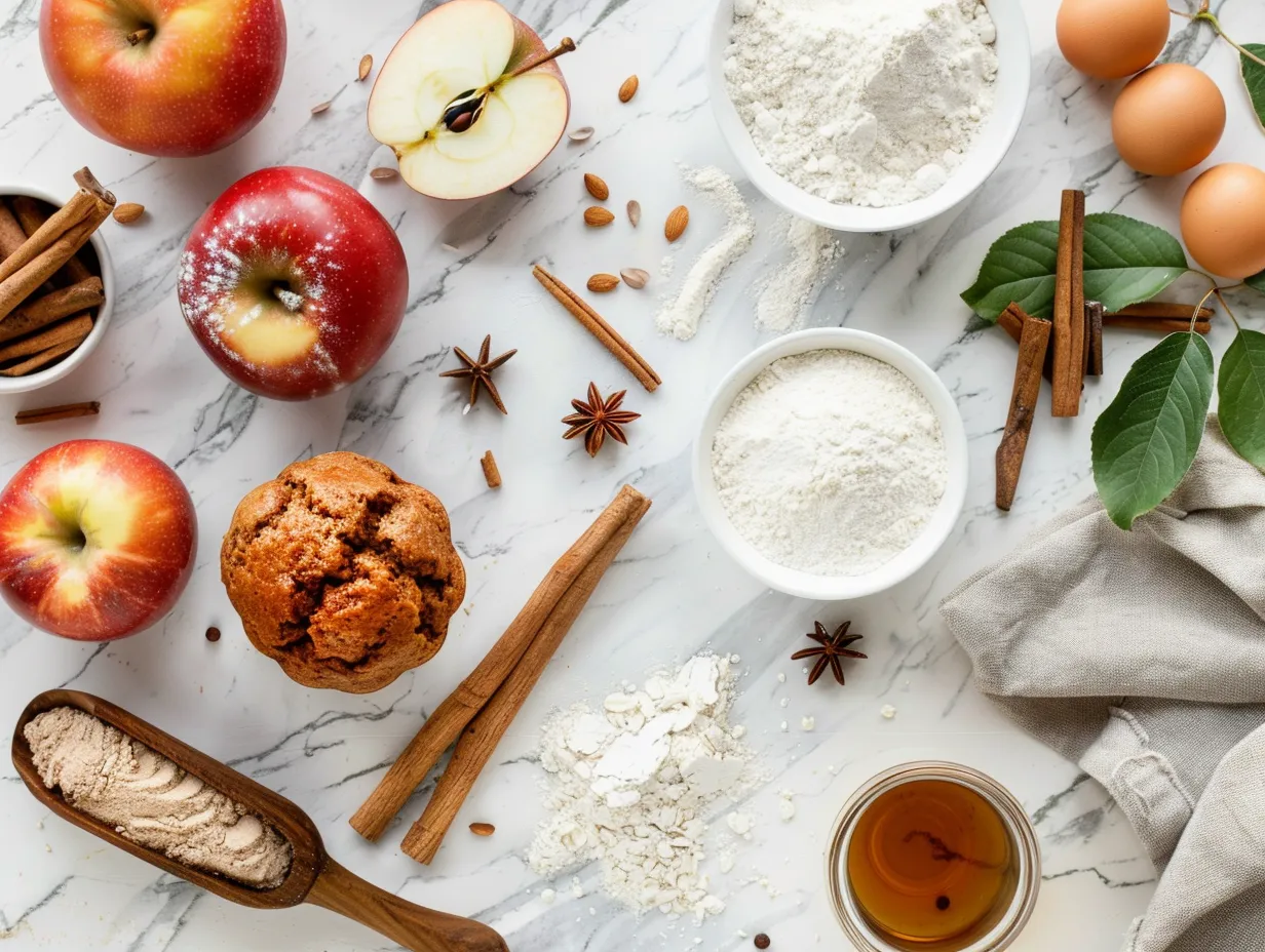 Raw ingredients for apple cinnamon muffins including apples, flour, sugar, and spices.