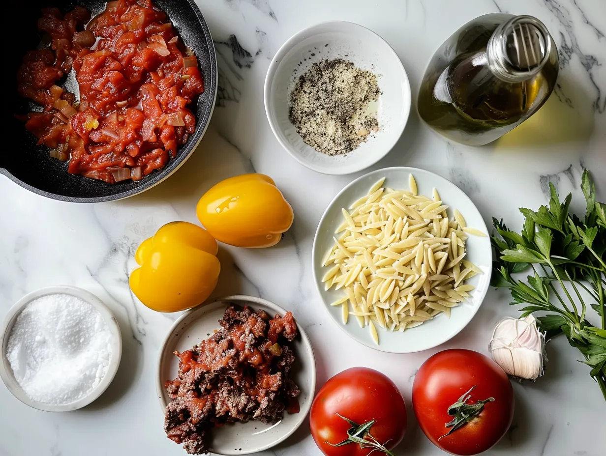 Raw ingredients for beef orzo with tomato cream sauce, including ground beef, orzo pasta, canned tomatoes, and spices.