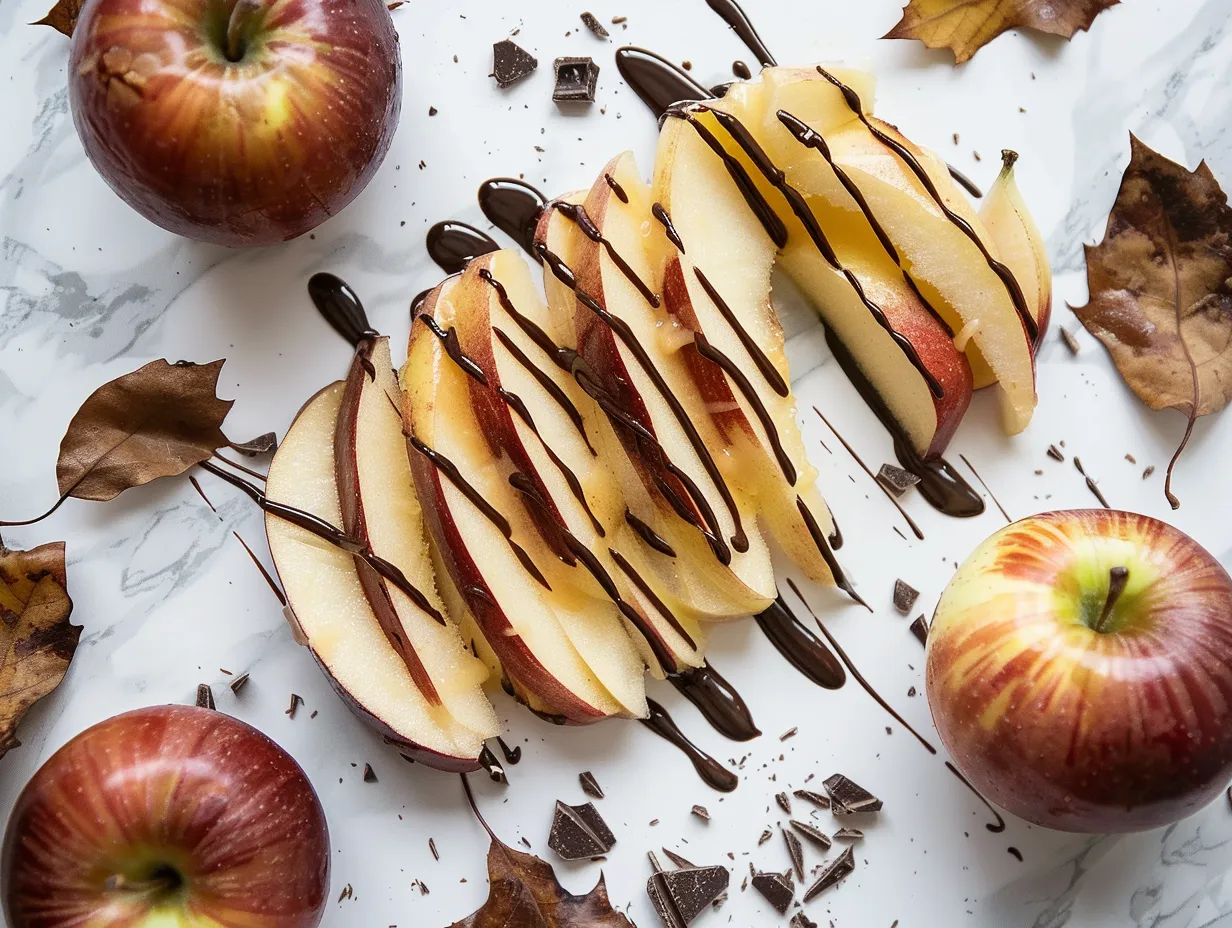 Ingredients for making caramel apple slices including apples, caramel, chocolate chips, nuts, and sea salt.