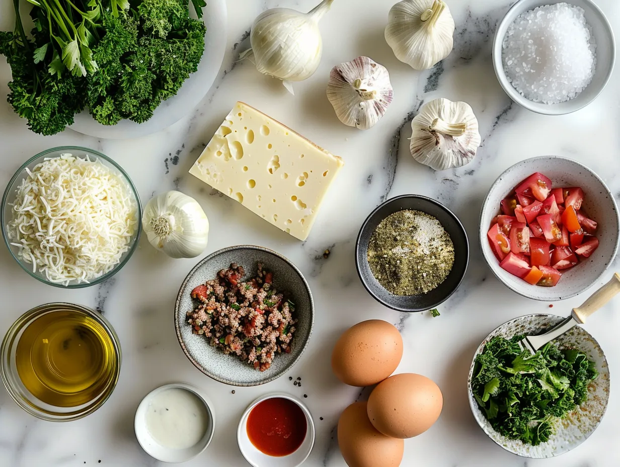Raw ingredients for cheeseburger soup including ground beef, onions, garlic, broth, diced tomatoes, beans, spices, cheese, and toppings