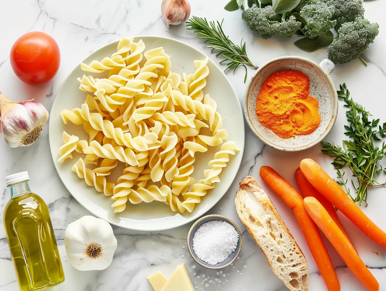 Raw ingredients for making chicken noodle soup, including chicken, vegetables, herbs, and spices.