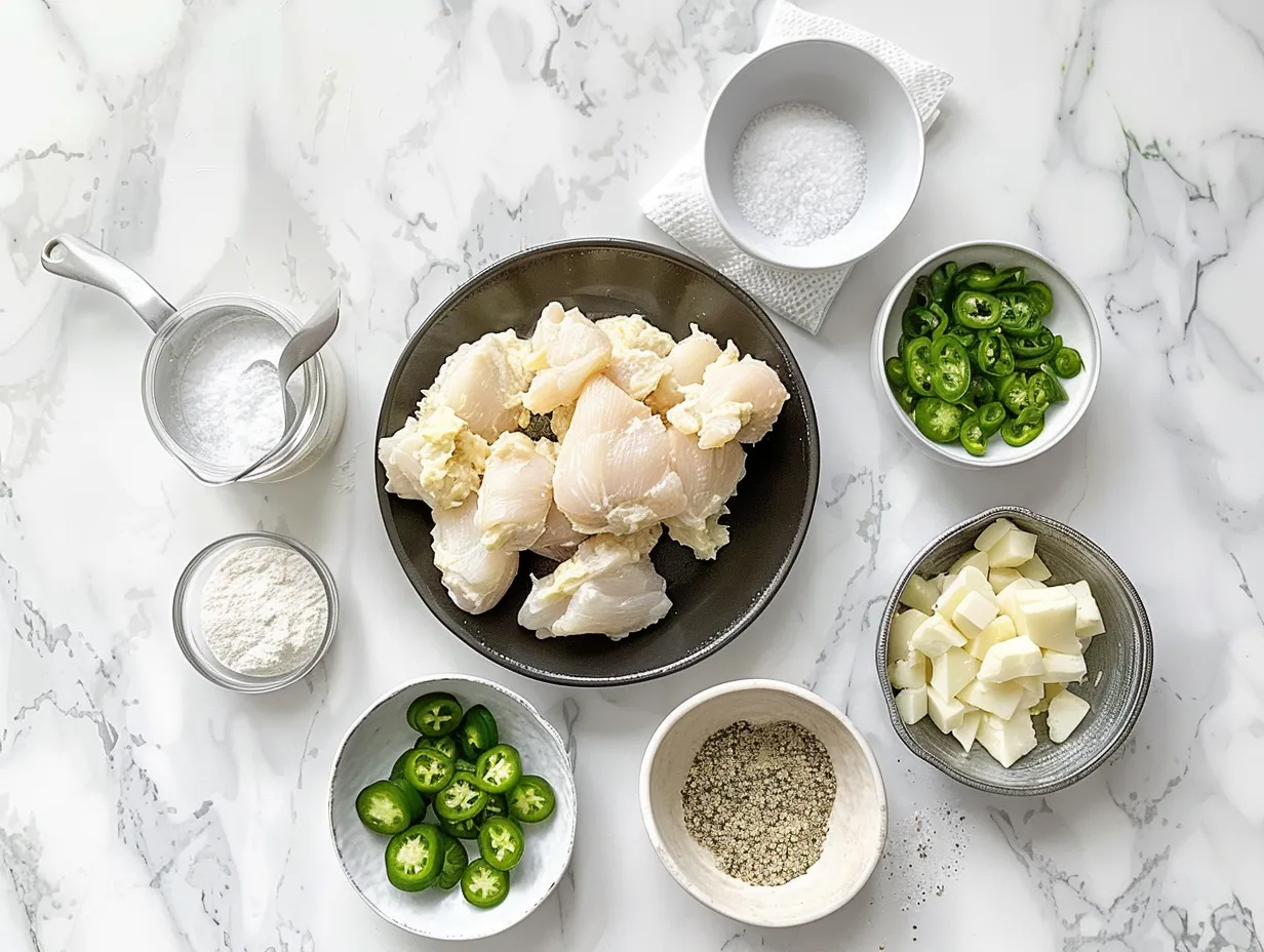 Ingredients for Cheesy Jalapeno Ranch Chicken Poppers including chicken, cheese, jalapeños, and seasonings.