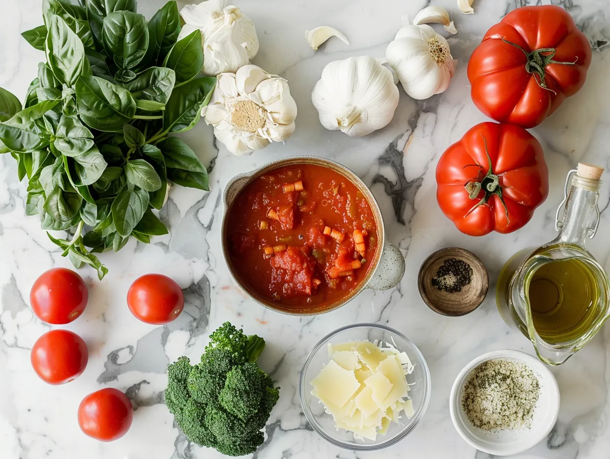 Raw ingredients needed to make lasagna soup including sausage, vegetables, tomatoes, broth, noodles and spices