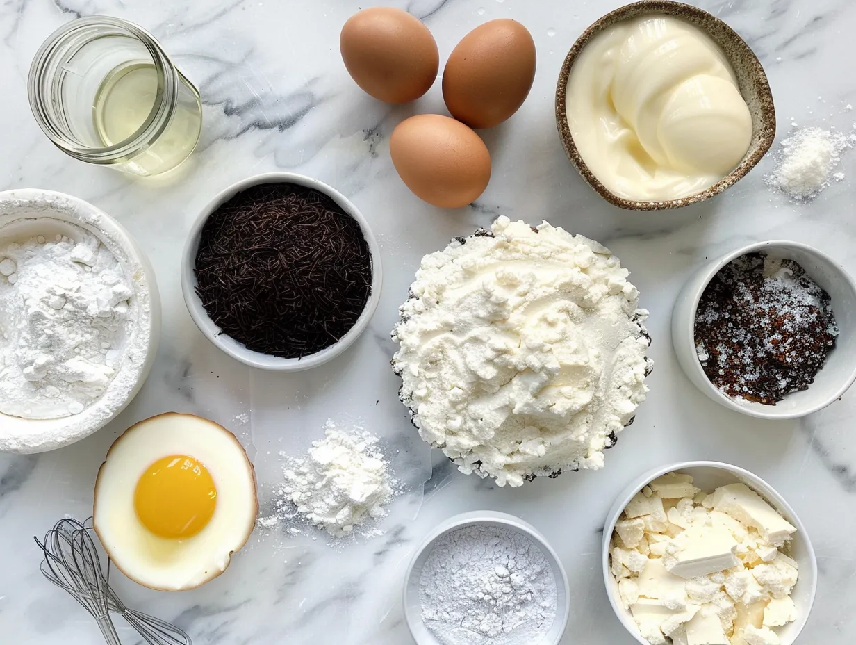 Ingredients for Mini Basque Cheesecakes: cream cheese, sugar, eggs, heavy cream, vanilla extract, and salt.