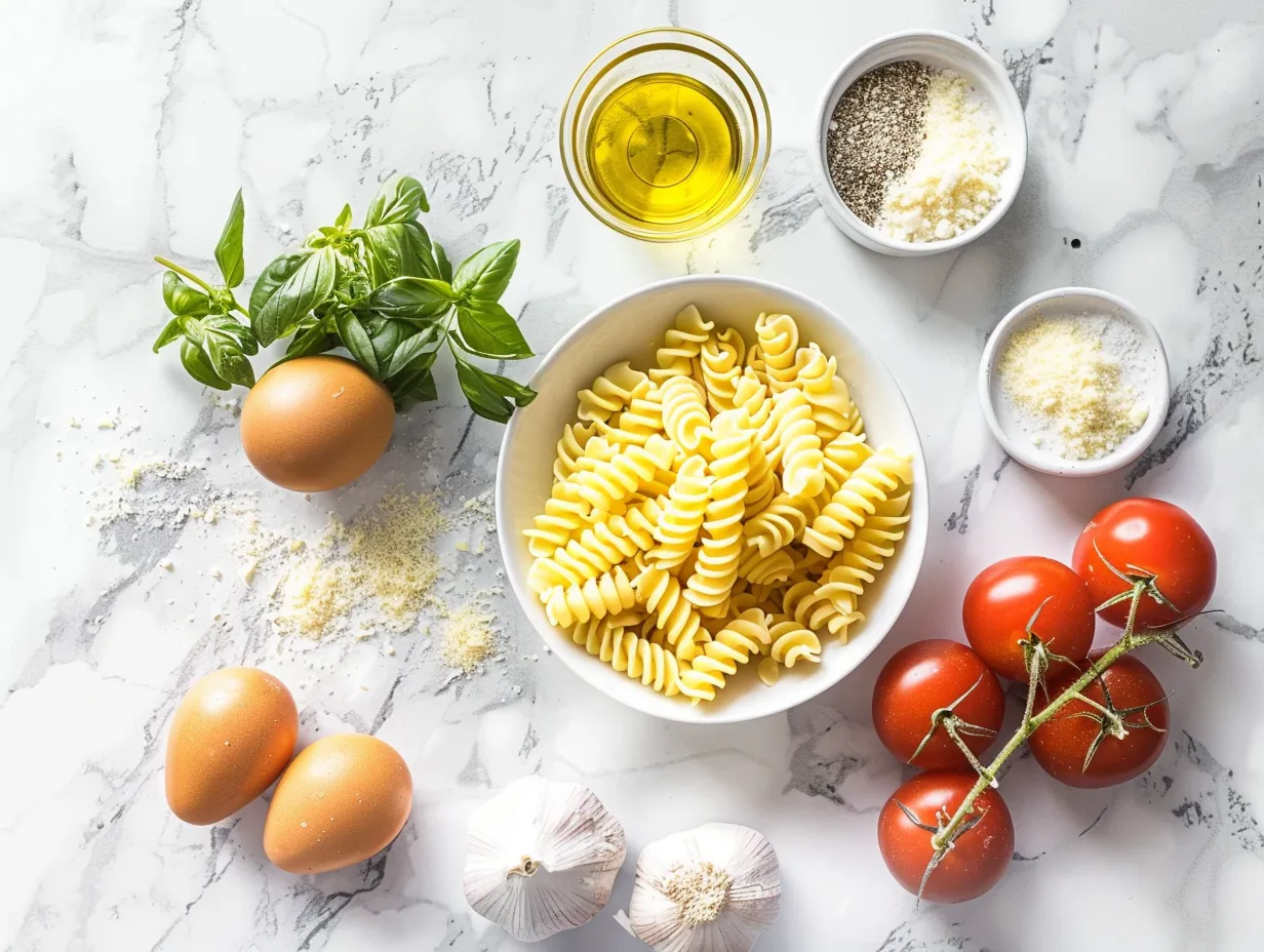 Raw ingredients needed to prepare parmesan chicken pasta, including chicken, pasta, and spices.