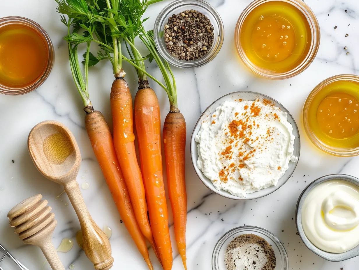 Raw ingredients including carrots, ricotta cheese, hot honey, and thyme for making roasted carrots with whipped ricotta and hot honey.