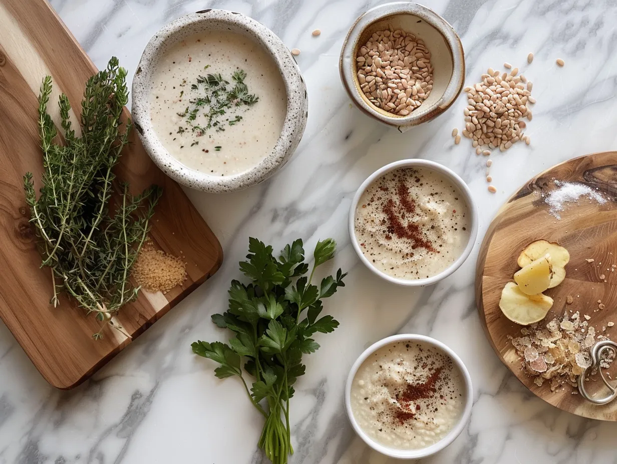 Ingredients for loaded baked potato soup including potatoes, bacon, cheese, and herbs