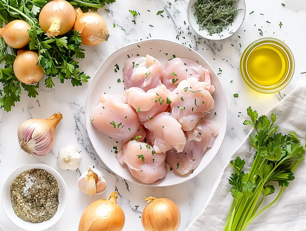 Ingredients for Sour Cream and Onion Chicken on a white marble surface