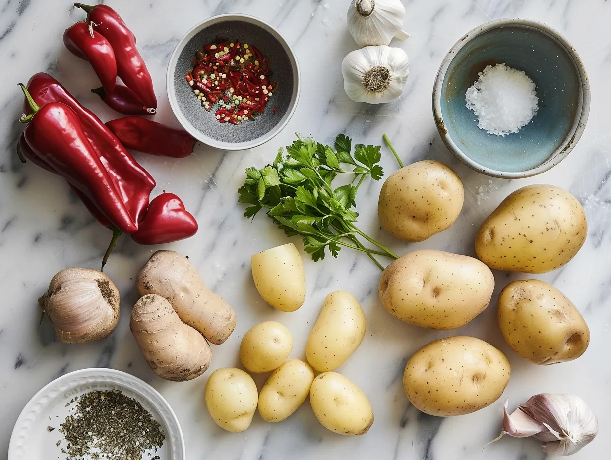 Raw ingredients for making potato soup, including potatoes, onions, garlic, and spices, laid out on a marble surface.