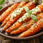 Roasted Carrots with Whipped Ricotta and Hot Honey on a Rustic Wooden Table
