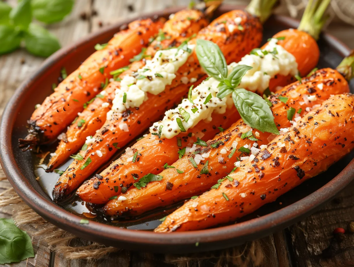Roasted Carrots with Whipped Ricotta and Hot Honey on a Rustic Wooden Table